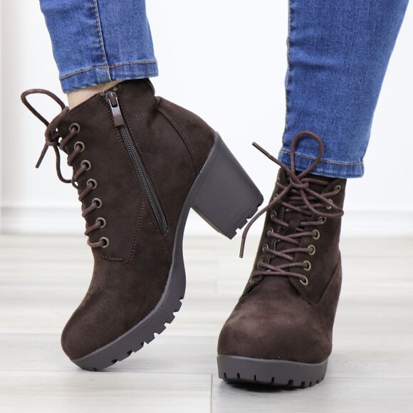 Dark Brown Ankle Boots Lace-Up Chunky Heel Rugged Sole Faux Suede - Picture 11 of 12